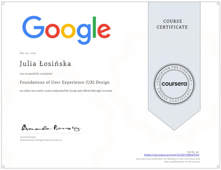 O mnie 3 Google UX Design Certificate