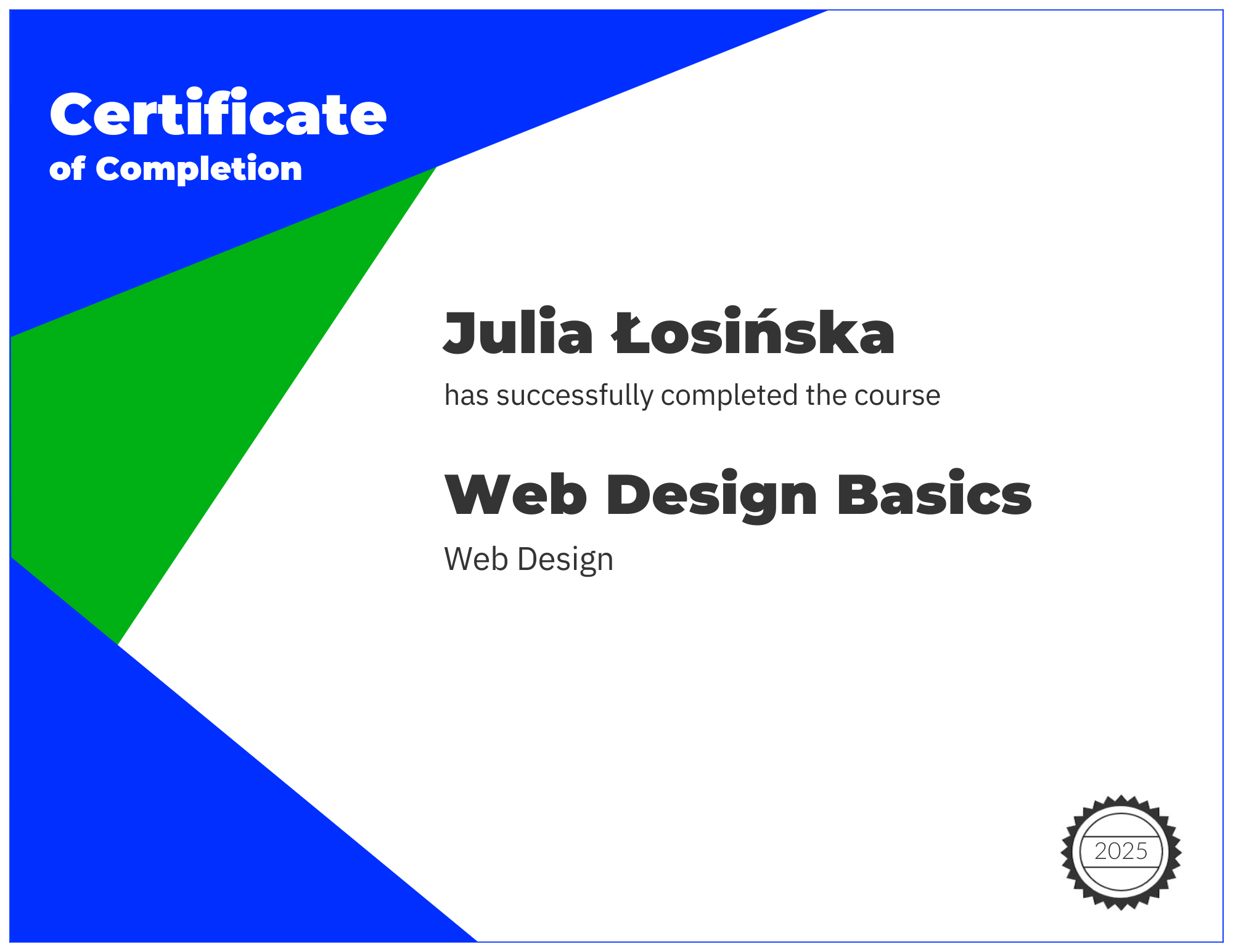 O mnie 5 Certyfikat Web Design Basics