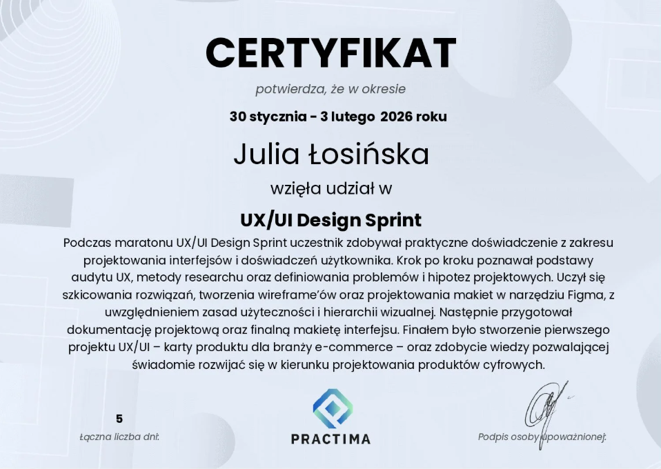 O mnie 2 Podgląd certyfikatu UX UI Design Sprint