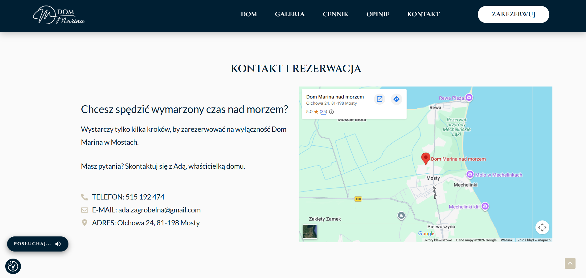 Fragment strony Dom Marina prowadzący do kontaktu