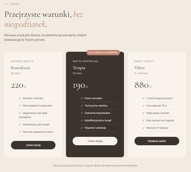 Sekcja cennik z trzema pakietami